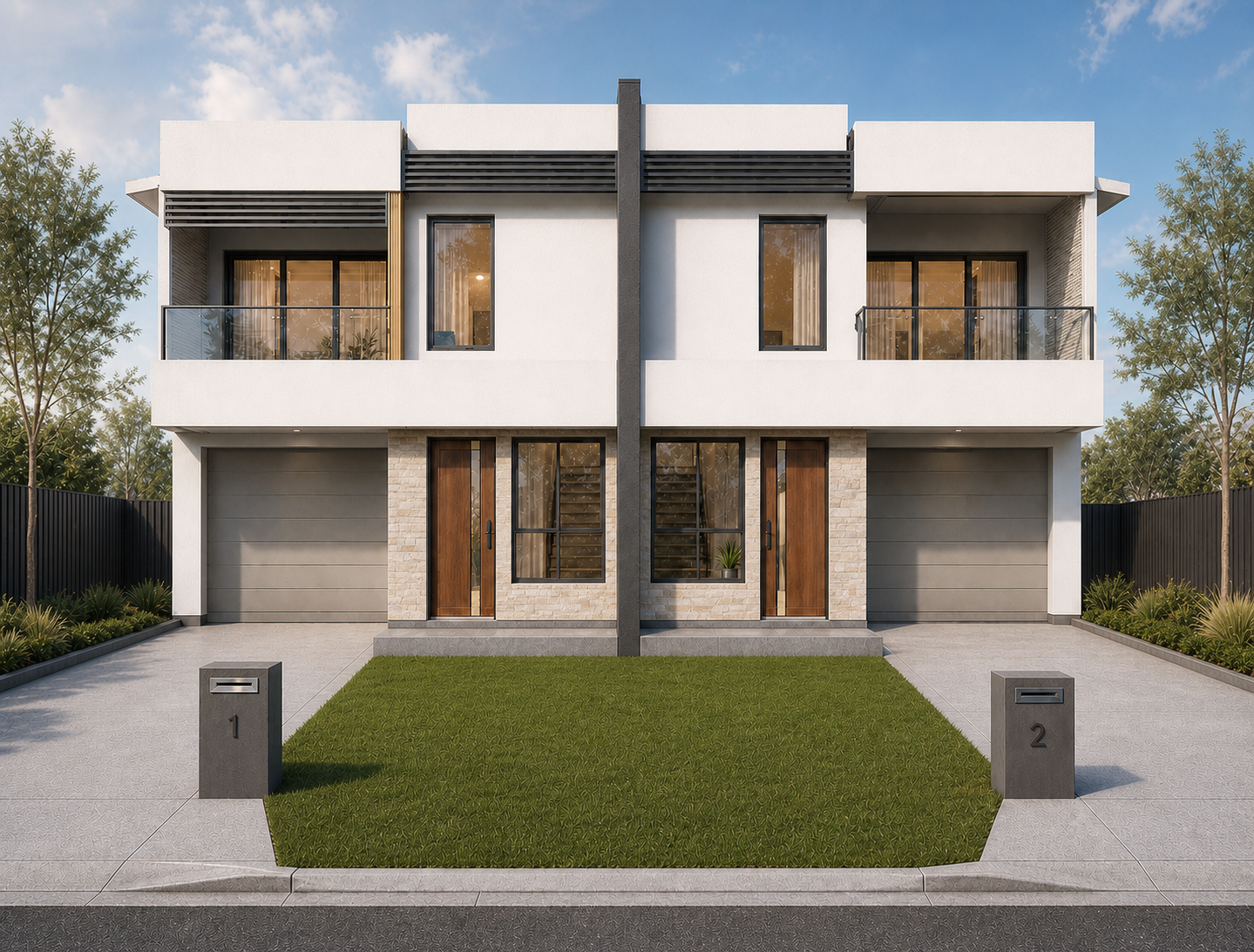 Architectural visualisation of a two-storey duplex with a central dividing wall, paired garages and upper balconies