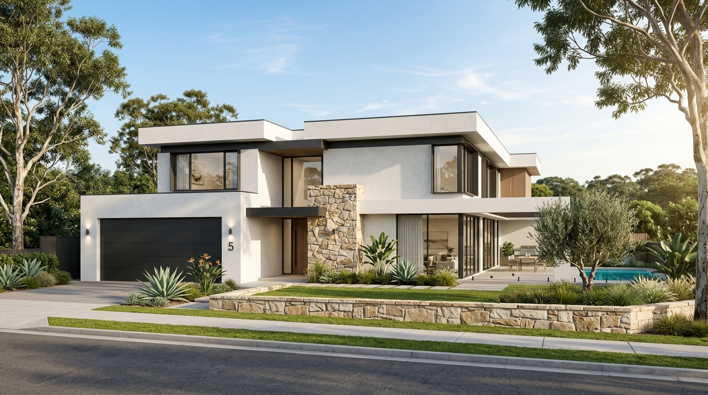 Contemporary two-storey custom dwelling with stone and landscaped frontage
