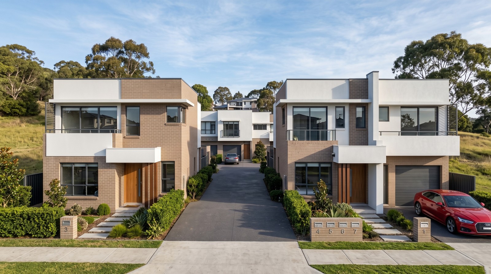 Architectural visualisation of two-storey townhouses arranged around a central driveway