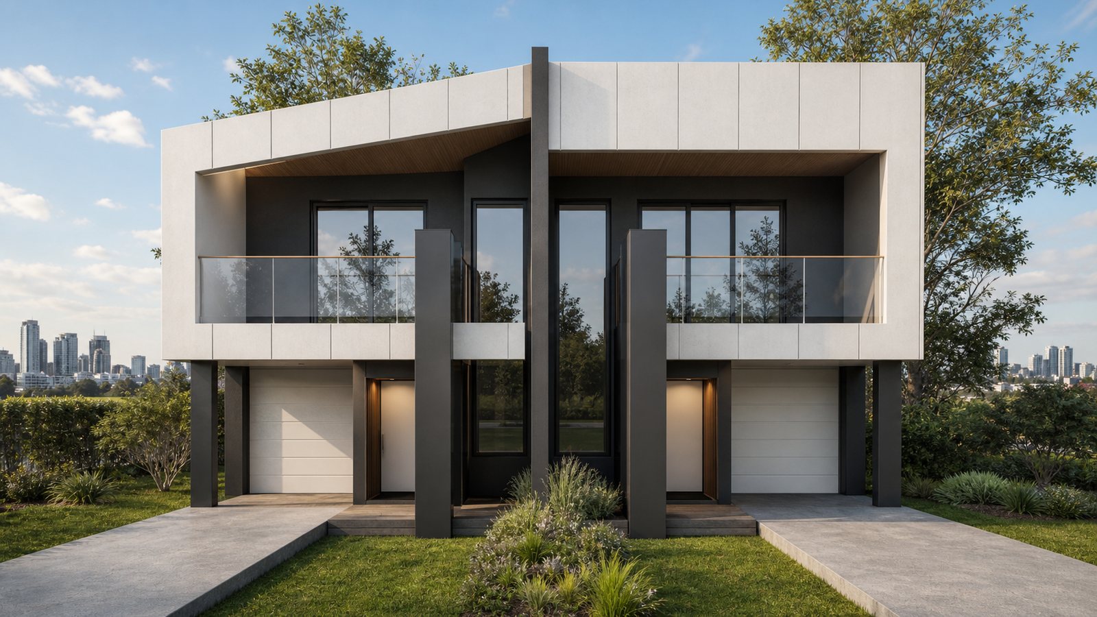 Architectural visualisation of a symmetrical two-storey duplex with paired garages, private entries and upper balconies
