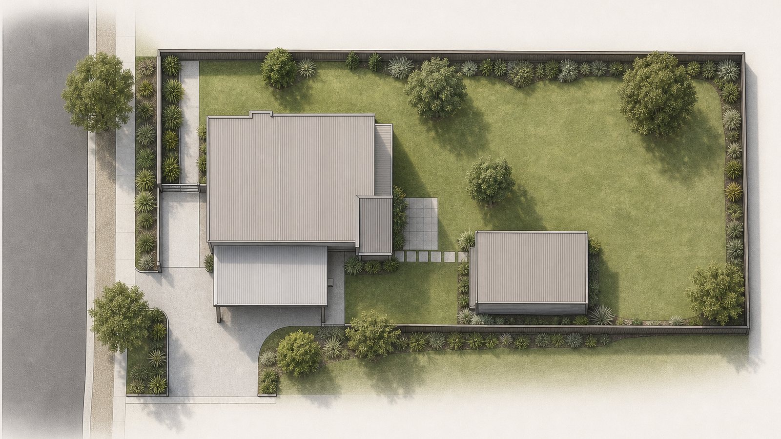 Top-down architectural site-layout visualisation showing a main residence, carport, detached garage, driveway and landscaped open space