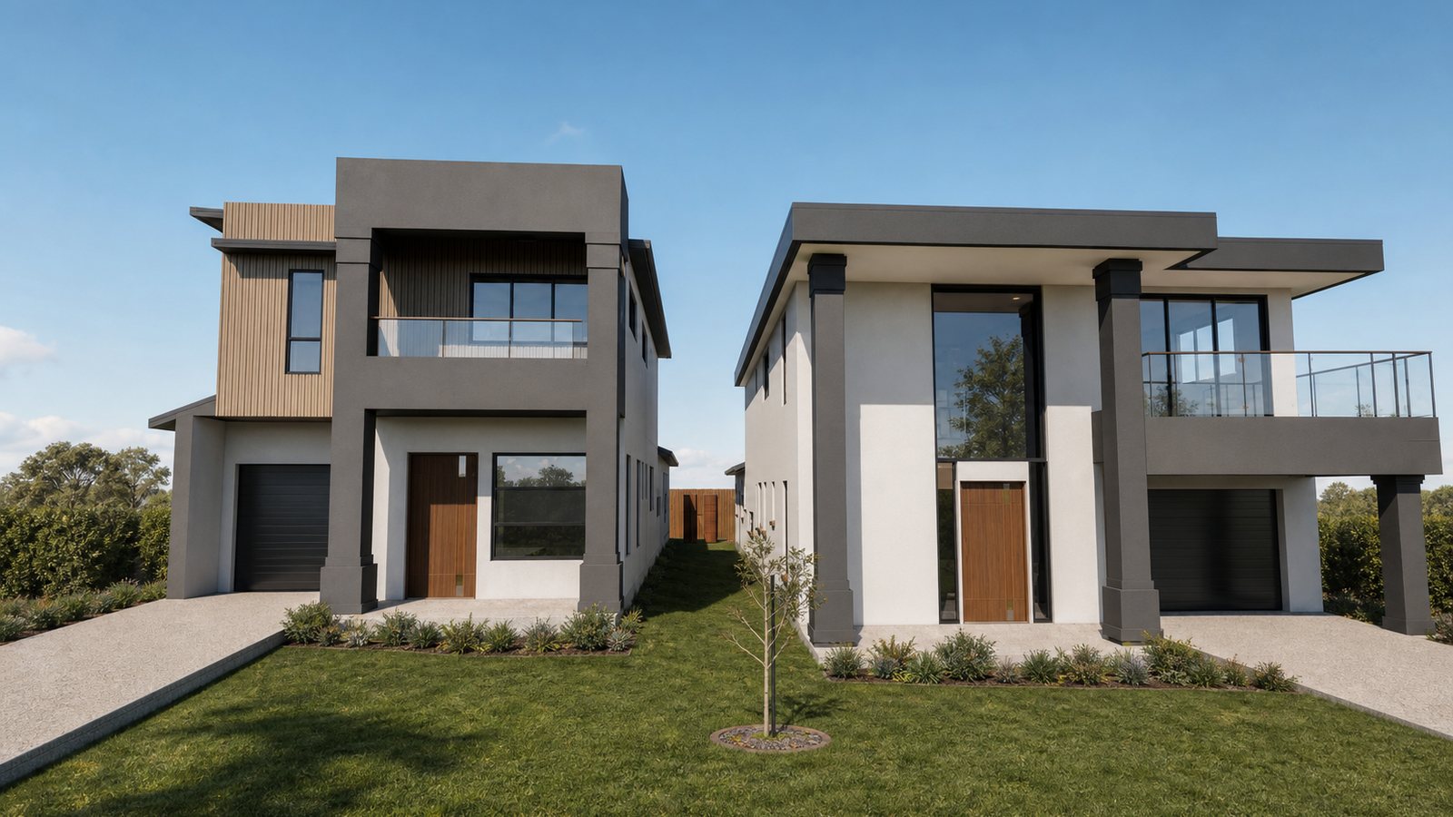 Architectural visualisation of two detached two-storey homes with individual garages and landscaped frontages